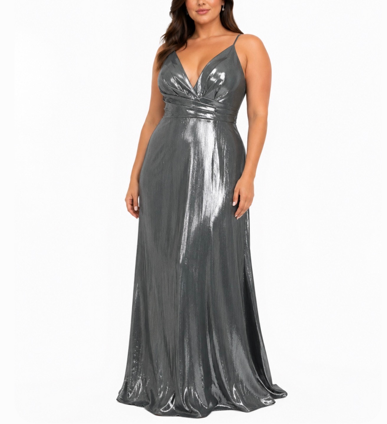 Mac Duggal 26408 Silver Evening Gown Metallic V-Neck Formal Column Dress Size 10
